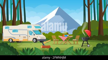 Camper with barbecue folding table deckchair Stock Vector