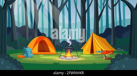 Summer camp in forest with bonfire, tent, backpack Stock Vector