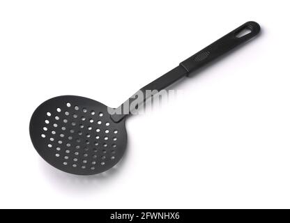 Black plastic kitchen skimmer isolated on white Stock Photo