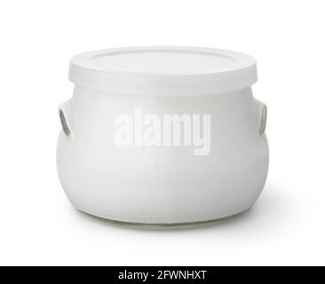 Front view of homemade organic yogurt pot isolated on white Stock Photo