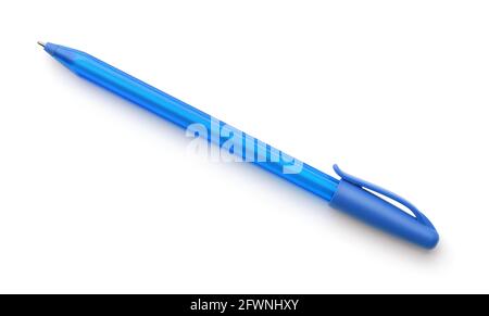 Blue plastic ballpoint pen isolated on white Stock Photo