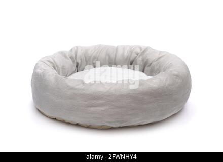 Grey soft round plush pet bed isolated on white Stock Photo