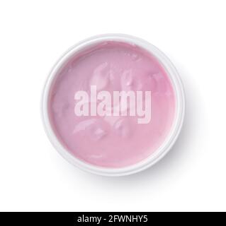 Top view of cherry yogurt in plastic cup isolated on white Stock Photo