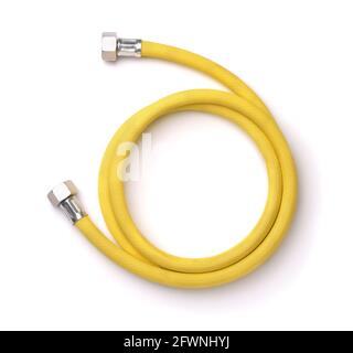 Roll of yellow reinforced propane gas hose isolated on white Stock Photo