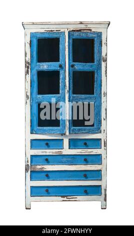Front view of old painted wooden cupboard isolated on white Stock Photo