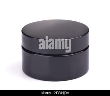 Black plastic cosmetic jar isolated on white Stock Photo