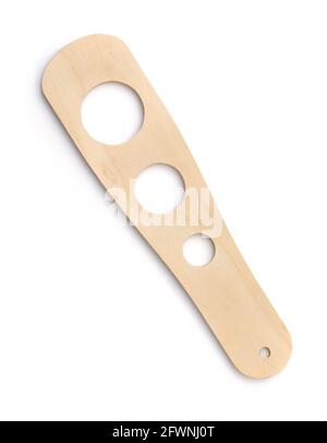 Top view of wooden spaghetti pasta measuring tool isolated on white Stock Photo