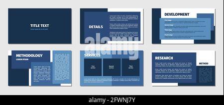 Presentation template. Blue rectangles flat design, white background. 6 slides. Title, development, methodology, services, research. Modern corporate Stock Vector