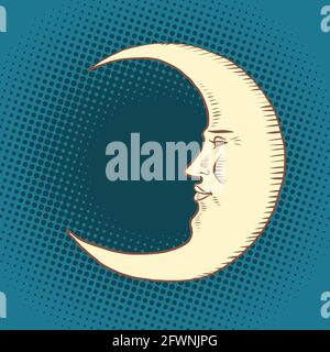 Luna is a character. A crescent moon in the night sky. Face Stock Vector