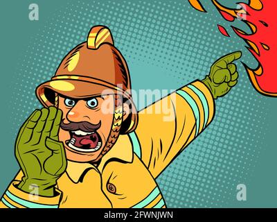 Retro fireman yells about a fire. Danger and rescuers Stock Vector