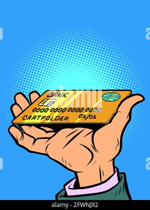 A man's hand holds a bank credit card. Financial services Stock Vector