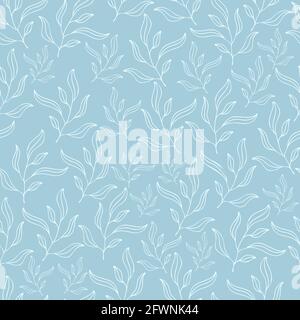 pastel blue leaves seamless patterns set. botanical floral hand drawn lineart flower elements. packaging wrapping fabric textile design. Stock Vector