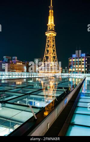 View of the Nagoya TV tower from the roof of Oasis 21 in central Nagoya, Japan. Stock Photo