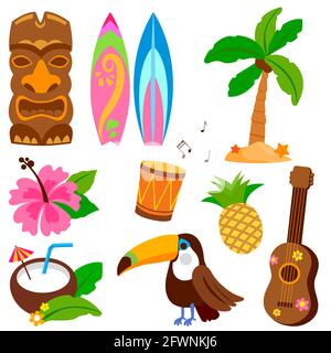 Hawaiian collection of summer objects including a toucan bird, tiki mask and other vacation design elements. Stock Photo