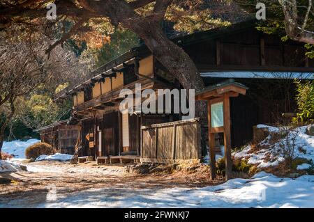 A traditional tea house building just over the Magome Pass and into Nagano Prefecture from Gifu Prefecture, Japan on the Nakasendo Way Stock Photo