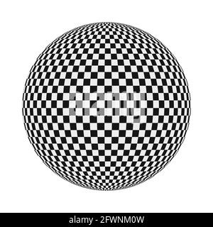 Checkered sphere. 3D ball with squares of black and white. Chessboard round geometric shape. Vector element for logo and other design. Stock Vector