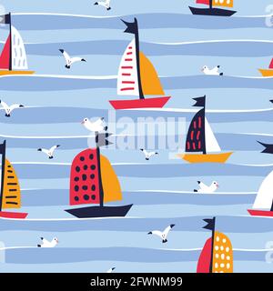 Summer seamless pattern with cute ships Creative background for fabric and textile Stock Vector