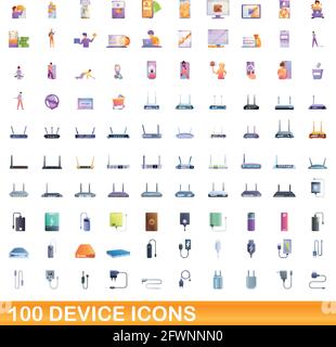 100 device icons set. Cartoon illustration of 100 device icons vector set isolated on white background Stock Vector
