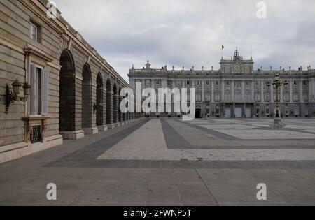 Royal Palace (Palacio Real) of Madrid, Spain, in the morning. Stock Photo