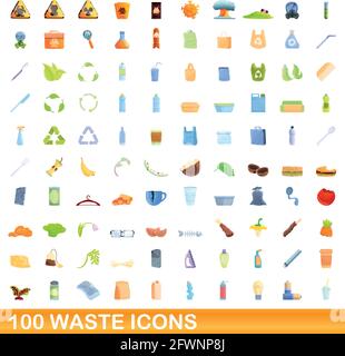 100 waste icons set. Cartoon illustration of 100 waste icons vector set isolated on white background Stock Vector