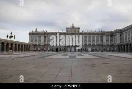 Royal Palace (Palacio Real) of Madrid, Spain, in the morning. Stock Photo