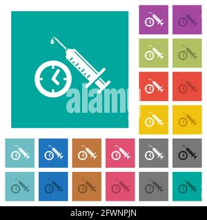 Vaccination appointment multi colored flat icons on plain square backgrounds. Included white and darker icon variations for hover or active effects. Stock Vector