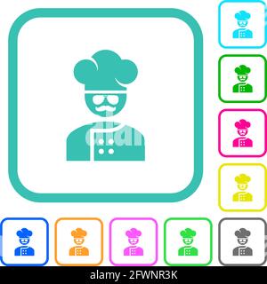 master chef with glasses and mustache vivid colored flat icons in curved borders on white background Stock Vector
