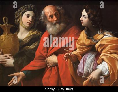 Lot and his daughters leaving Sodom by Italian Baroque painter Guido Reni at the National Gallery, London, UK Stock Photo