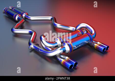 Tuning exhaust system for a sports car. Car muffler, exhaust silencer. Stock Photo