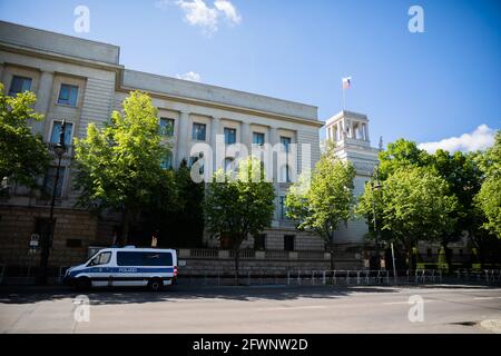 Berlin, Germany. 24th May, 2021. A police vehicle is parked in front of the Embassy of the Russian Federation. Russia is a close ally of Belarus. Credit: Christoph Soeder/dpa/Alamy Live News Stock Photo