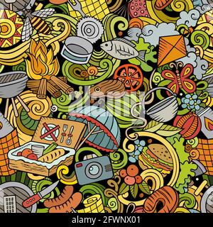 Picnic hand drawn doodles seamless pattern. BBQ background. Stock Vector