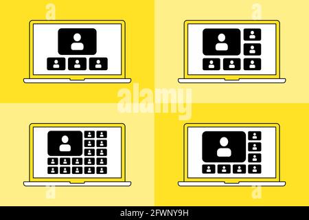 Set icons. Online video call on laptop. Four device, more users Stock Vector