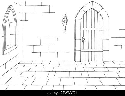 Castle interior graphic black white medieval sketch illustration vector Stock Vector