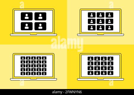 Set icons. Online video call on laptop. Four device, more users Stock Vector