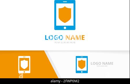 Vector shield and phone logo combination. Security device guard logotype design template. Stock Vector