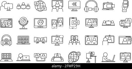 Live online meeting icons set, outline style Stock Vector