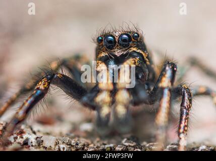 Jumping spider Salticus cingulatus. Eyes of Salticus cingulatus. Funny portrait of spider Stock Photo
