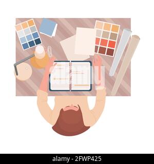 Interior or graphic designer at work vector flat top view illustration. Female character working with notepad, making color consultations. Designer, creative worker at workplace with color templates. Stock Vector