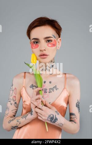 young and tattooed woman in pink eye patches holding tulip isolated on grey Stock Photo
