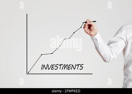 Businessman hand draws a rising line graph with the word investments. Investing in business concept. Stock Photo