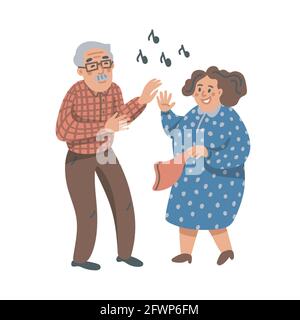Elderly dancing couple. Old man and woman have fun on a party. Nursing home. Senior people flat Vector illustration. Stock Vector
