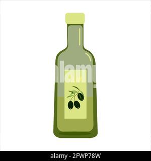 Olive oil in dark green glass bottle, healthy food and natural oils, vector clipart in flat style, isolate Stock Vector