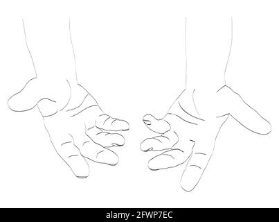 Human open hands. Pair of men hands with exposed palm, request or donation. Line art illustration. Vector illustration Stock Vector