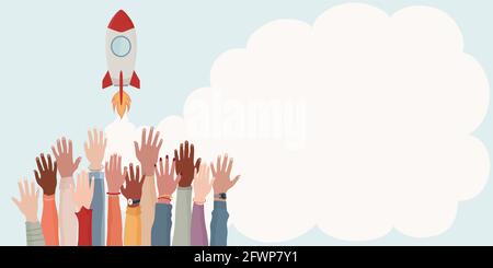 Group arms and hands raised as if to reach a goal. Colleagues  collaborators or co-workers of diverse cultures.Realization and financial - working Stock Vector