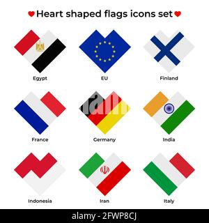 Heart shaped flags icons set. Flag icon in simple rectangular heart shape. Vector icon, symbol, button. Illustration in flat style Stock Vector