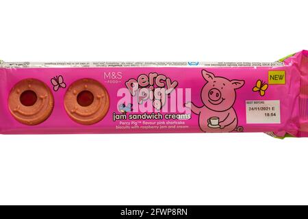Packet of Percy Pig jam sandwich creams biscuits from M&S set on white background Stock Photo