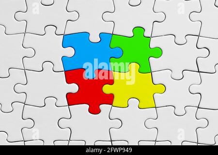 Colorful jigsaw puzzle pieces stand out from the crowd. Diversity, unity, cooperation or interaction concept. Stock Photo