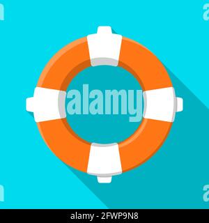 orange life ring icon in flat style. Equipment for rescue of drowning, first aid to vacationers. Color vector on blue back Stock Vector