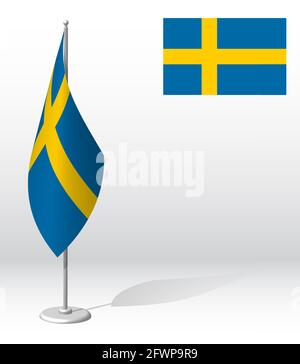 Sweden flag on flagpole for registration of solemn event, meeting foreign guests. National independence day of Russia. Realistic 3D vector on white Stock Vector