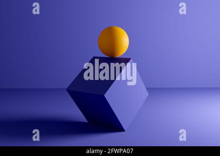 Yellow sphere or ball balanced at the edge of a cube geometric shape on blue background. Abstract 3D background illustration. Stock Photo